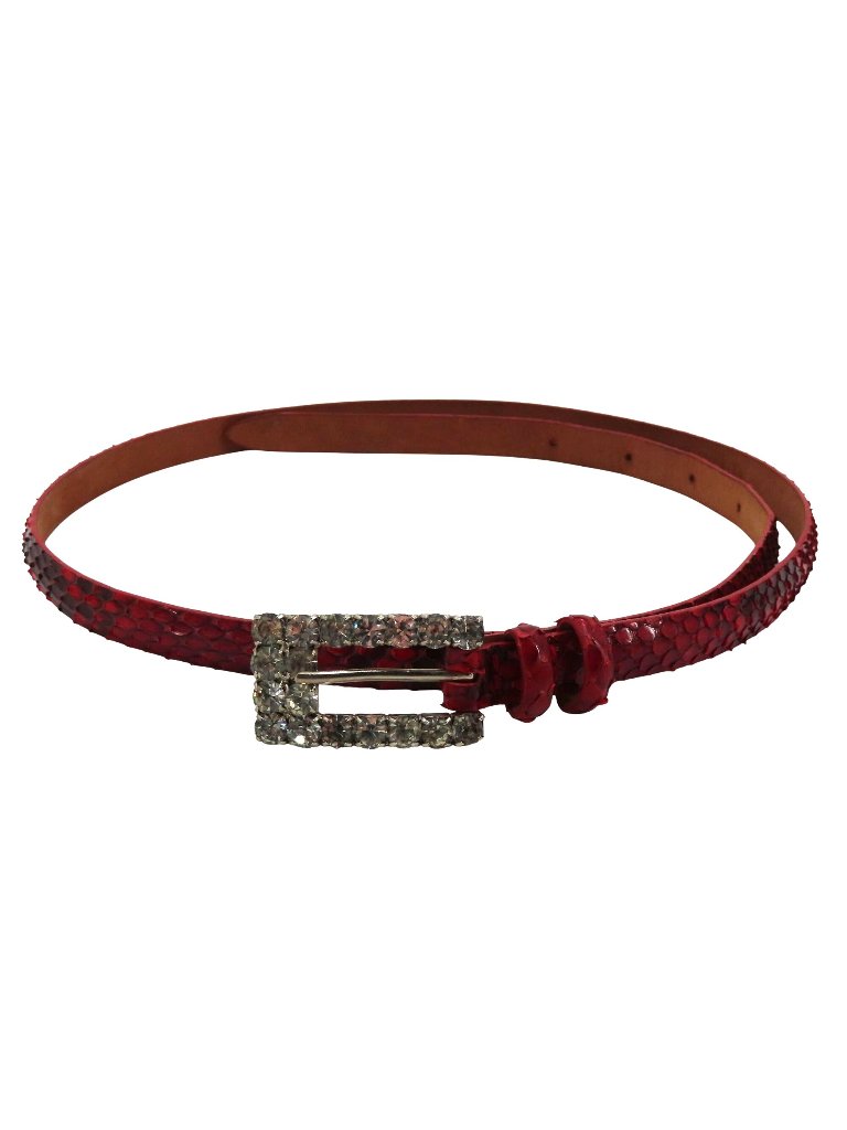 Claudio Orciani Women 80cm Red Genuine Snake Skin Rhinestone Buckle Skinny Belt